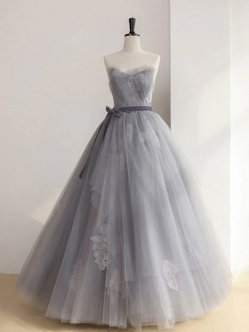 A Line Strapless Appliques Gray Tulle Long Prom Dress Evening Dress HZ1023